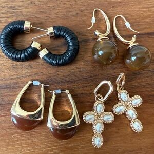 Lot of 4 Gold Tone Brown Earrings Cross Faux Pearl & Leather Half Hoop Pierced